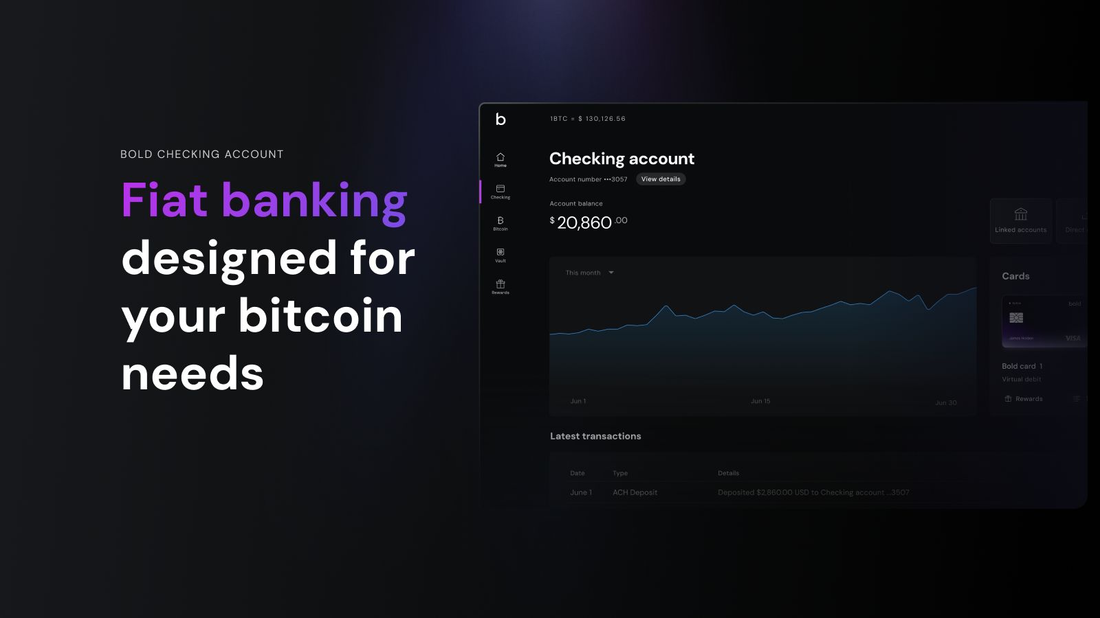 Checking account screen image with text "Fiat banking designed for your bitcoin needs"